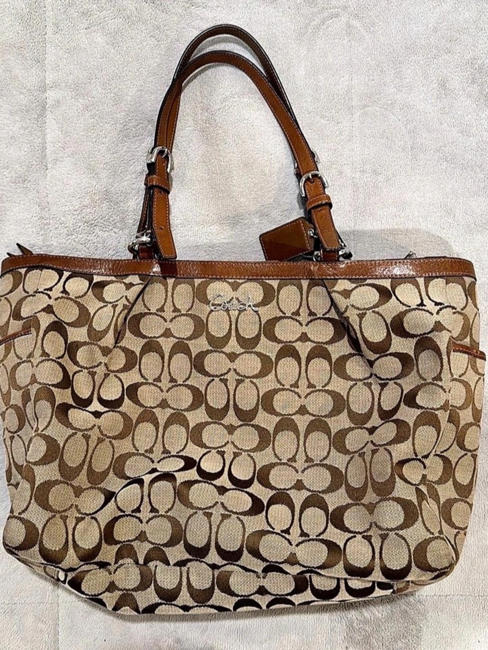 Coach Poppy Signature Glam Tote Signature Canvas Tote in Brown & Beige